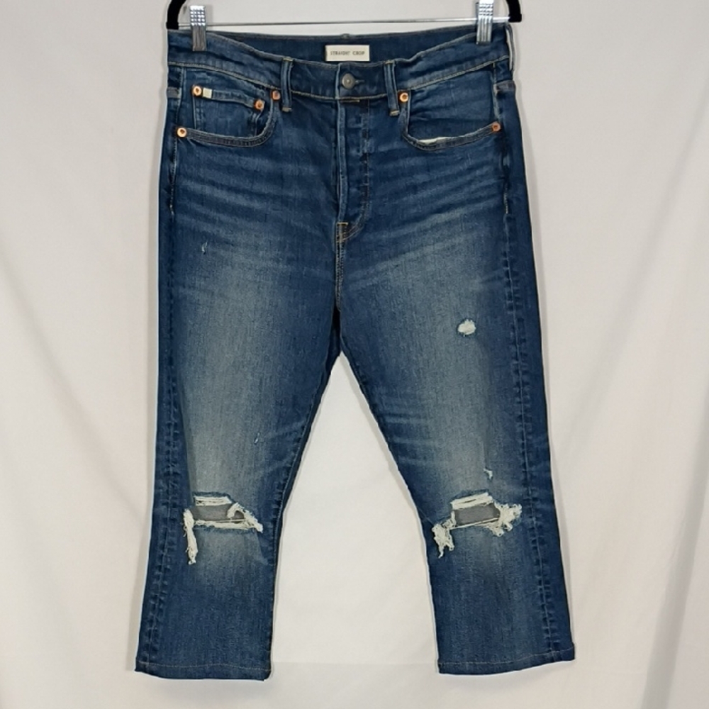 EUC AE77 Straight Crop Distressed Blue Jeans Size 29